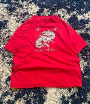 Vintage Red Hong Kong Dragon Embroidered T-Shirt Size XXL